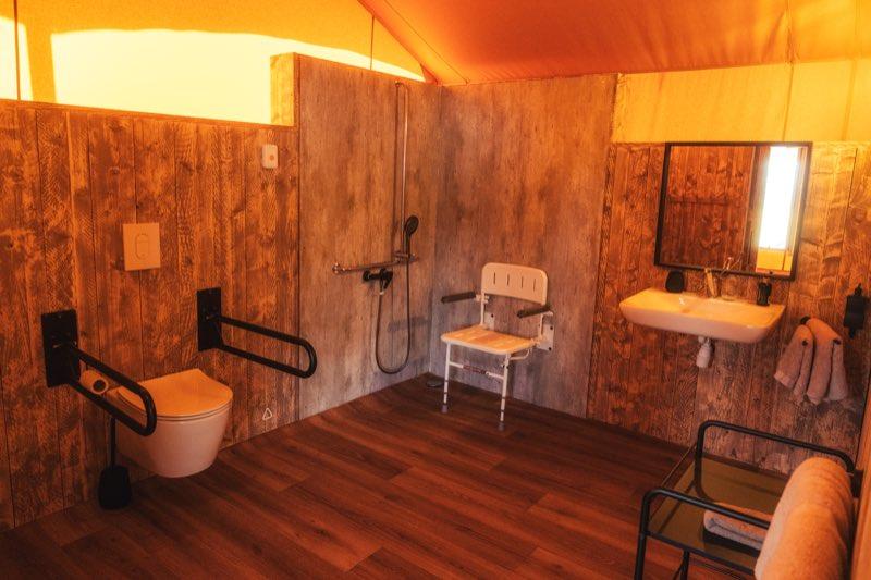 The full wet room seen from the doorway: a level dark-wood floor runs through the whole space with no step into the shower. On the left a wall-hung toilet with black folding grab bars on both sides; in the centre a shower area with a handheld shower, horizontal grab bar and a white folding seat with armrests; on the right a wall-hung sink with a mirror above and towels hanging beside it.